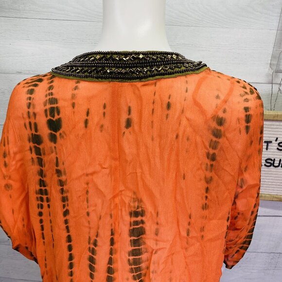 Michael Kors Switzerland Orange Brown Sheer Embellished V Neck Tunic Top Size S - Picture 13 of 16